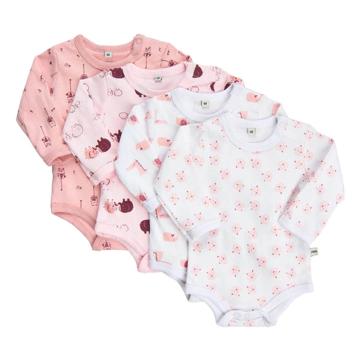 Pippi Langarm Body Rosa Eulen & Zootiere 4er Pack Baumwolle 1 Pippi Langarm Body Rosa Eulen & Zootiere 4er Pack Baumwolle