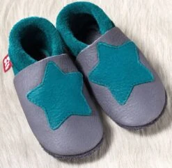 Pololo Leder Hausschuhe Kleiner Stern Grau/petrol