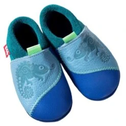 Pololo Leder Hausschuhe Chamäleon Blau